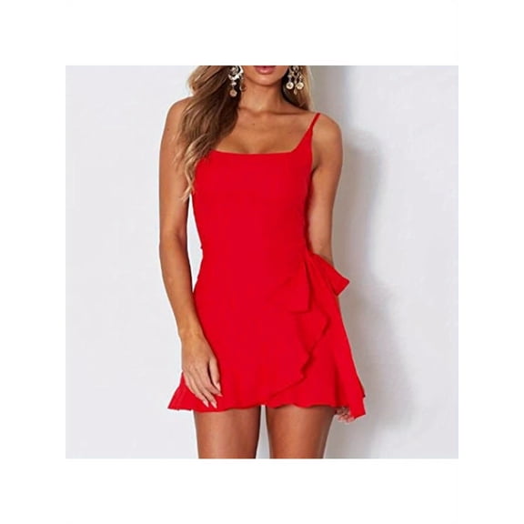 Women Casual Ruffle Hem Solid Wrap Dress Spaghetti Strap Front Tie Knot Short Dresses