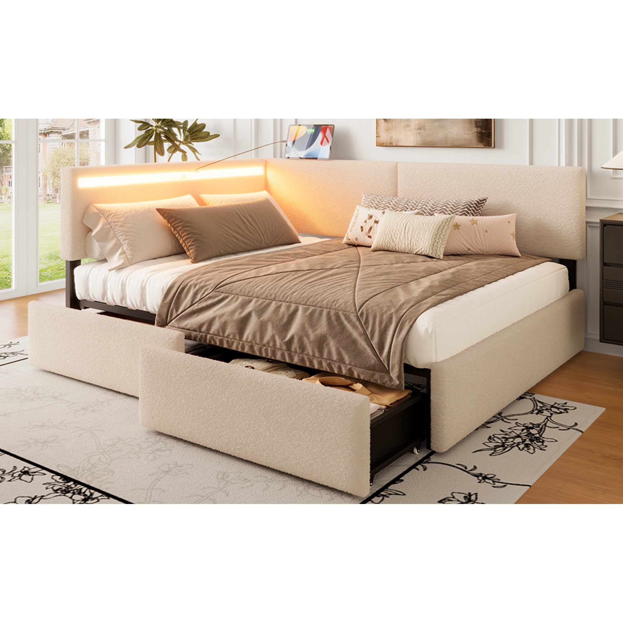Leumius Twin Size Boucle Bed Frame, Upholstered Cloud Bed Frame with Headboard, 2 Storage Drawers, LED light and USB Charging Design, Solid Wood Legs and Slats for Bedroom Guest Room Beige