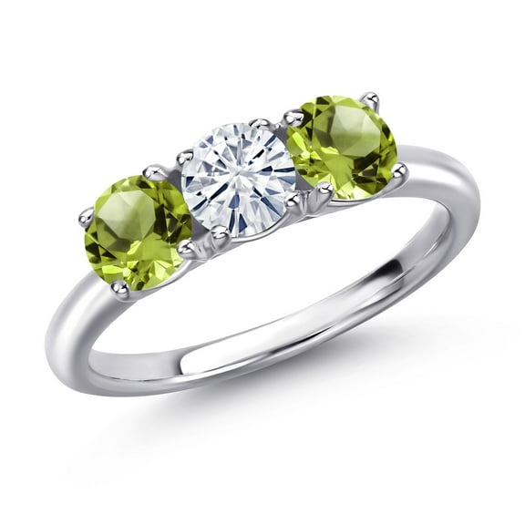 Gem Stone King 925 Sterling Silver White Moissanite and Green Peridot Engagement Ring for Women | 1.60 Cttw | Round 5MM | Gemstone Birthstone | Size 5
