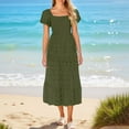 thumbnail image 2 of Casual Summer Dresses for Women Women's Casual Printed Pleated Elastic Waist Sleeveless V-Neck Dress Army Green L, 2 of 5