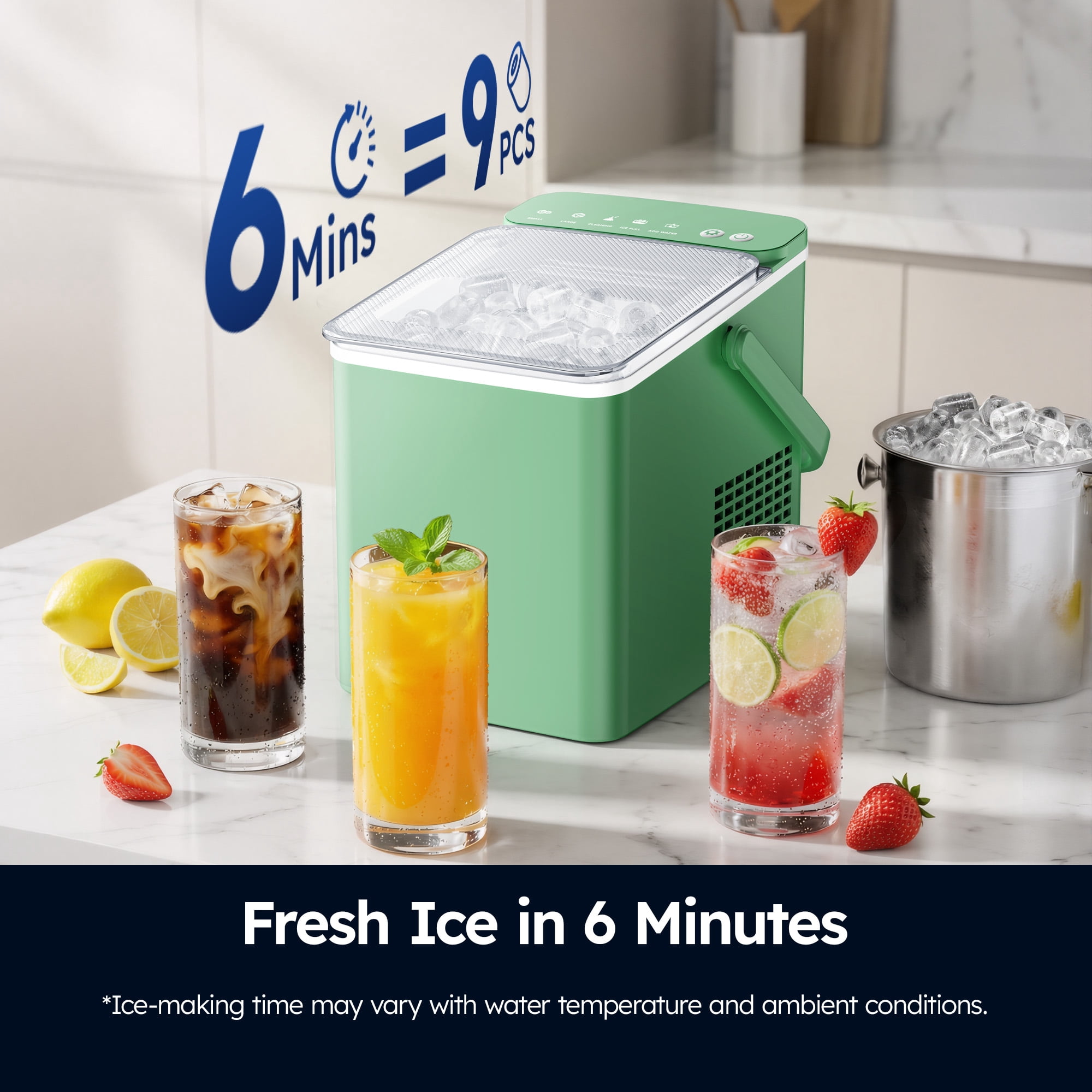 SIMZLIFE Portable Countertop Ice Maker Machine, 26 lbs Ice Per Day, 9 Bullet Ice Cubes Ready in 6 Minutes, Small & Large Ice Sizes, Self-Cleaning, 1.1L Water Tank, Ice Scoop & Basket, Green