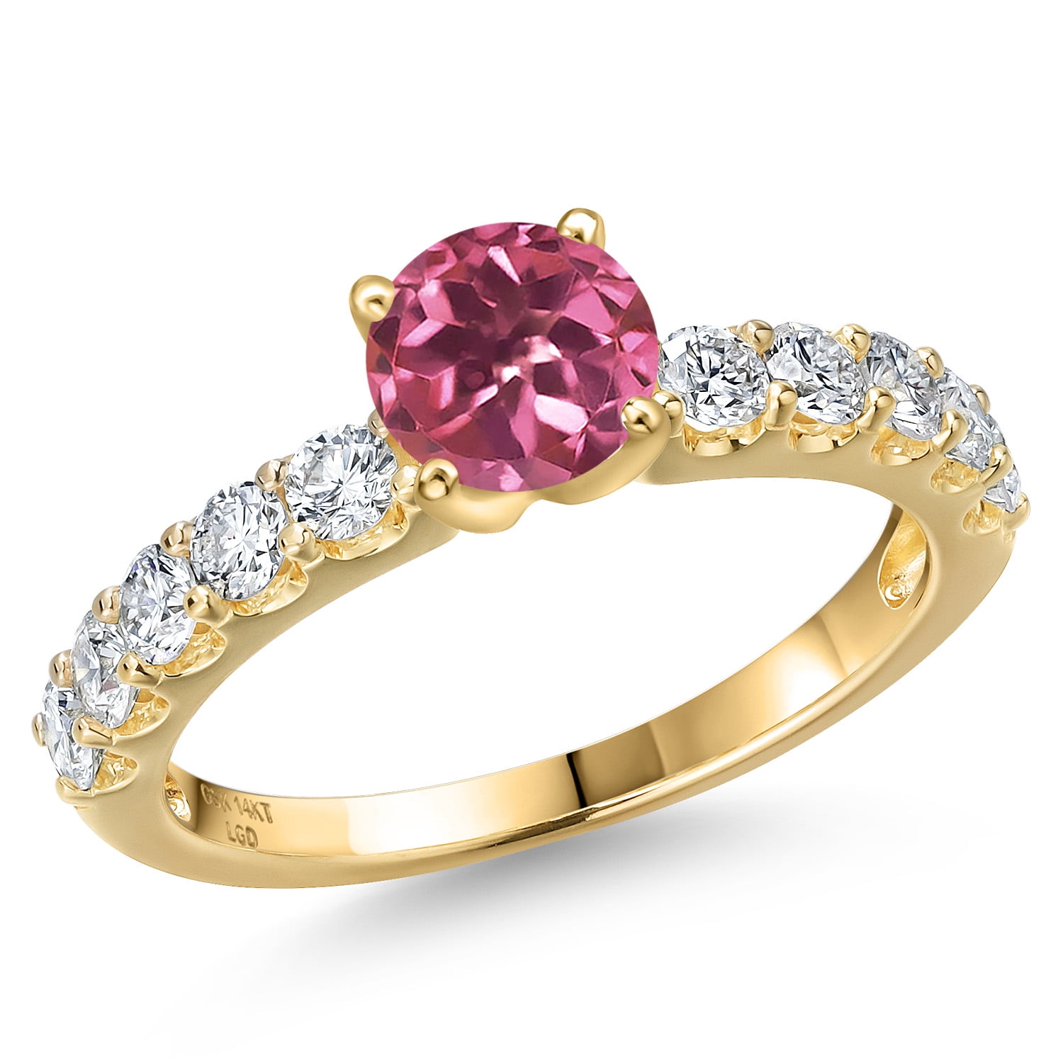 Gem Stone King 14K Yellow Gold Pink Tourmaline and Lab Grown Diamond Engagement Ring for Women | 1.17 Cttw | Round 5MM | Gemstone October Birthstone | Size 7