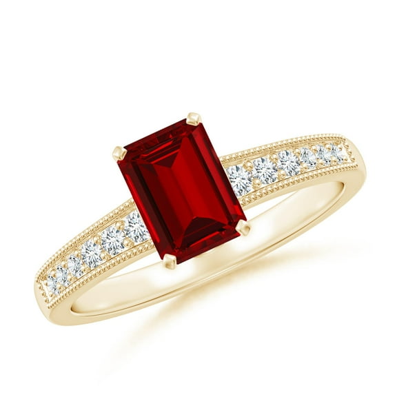 ANGARA Lab Grown 1 Ct Vintage Style Emerald-Cut Ruby Engagement Ring for Women in 14K Yellow Gold (Size-7x5mm) | July Birthstone, Anniversary, Jewelry Gift for Women | Lab-Grown Ruby Ring