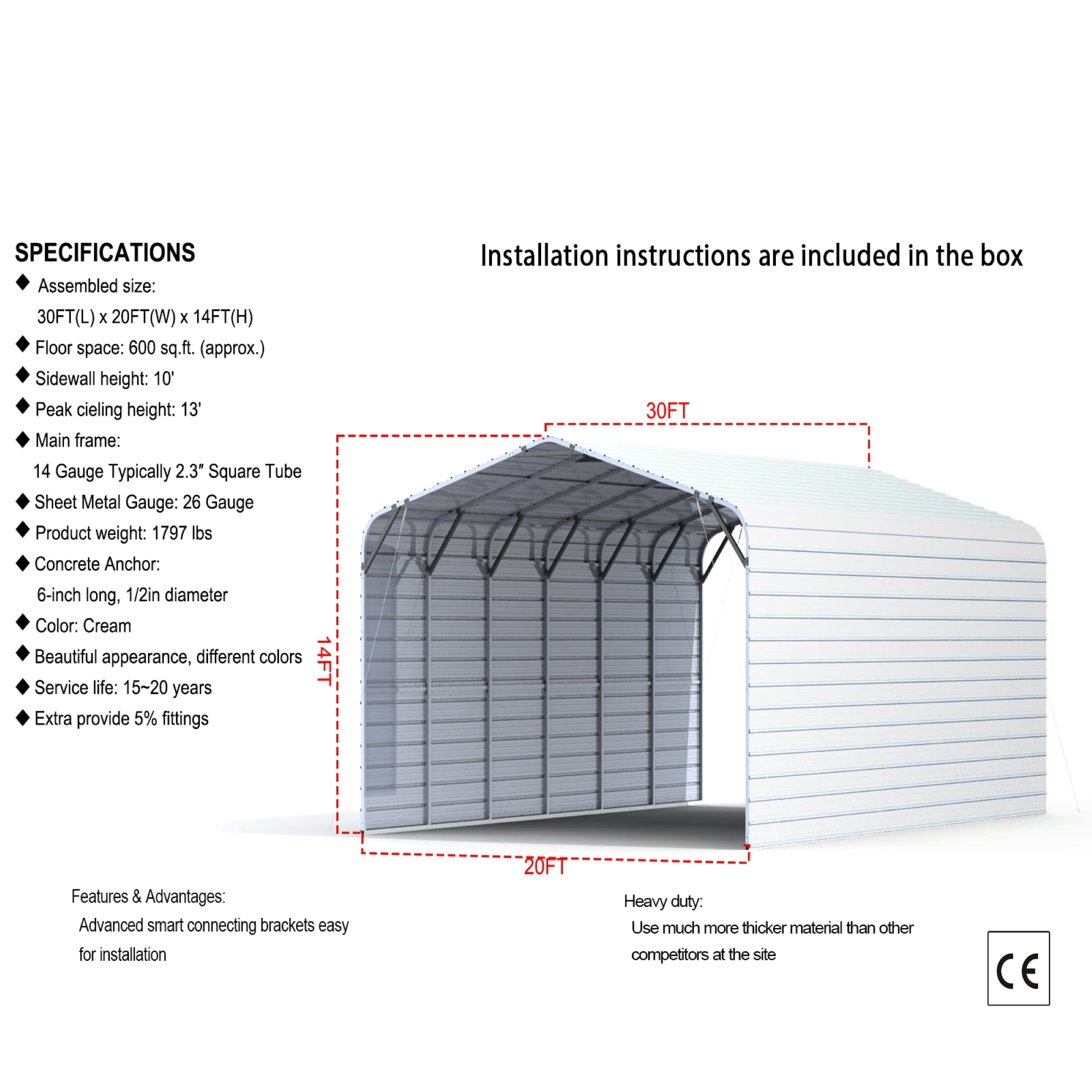 DuraYu 20x30 ft Enclosed Metal Garage for Vehicles, Heavy-Duty Steel Carport with Side Panels, Cream