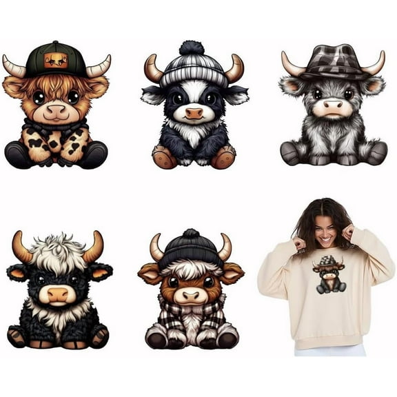 6pcs Cartoon Highland Cow Heat Transfer Stickers Highland Cattle Iron on Transfers Iron on Patches Stickers Washable Heat Transfer Paper