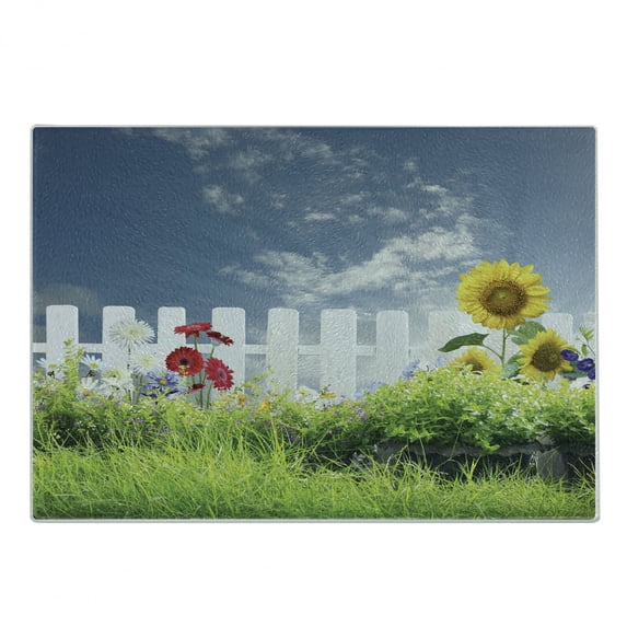 Rustic Cutting Board, Grass Foliage Field Sunflowers Daisy Hedge Fence Yard Jardin Nature Art, Decorative Tempered Glass Cutting and Serving Board, Small Size, White Green Blue, by Ambesonne