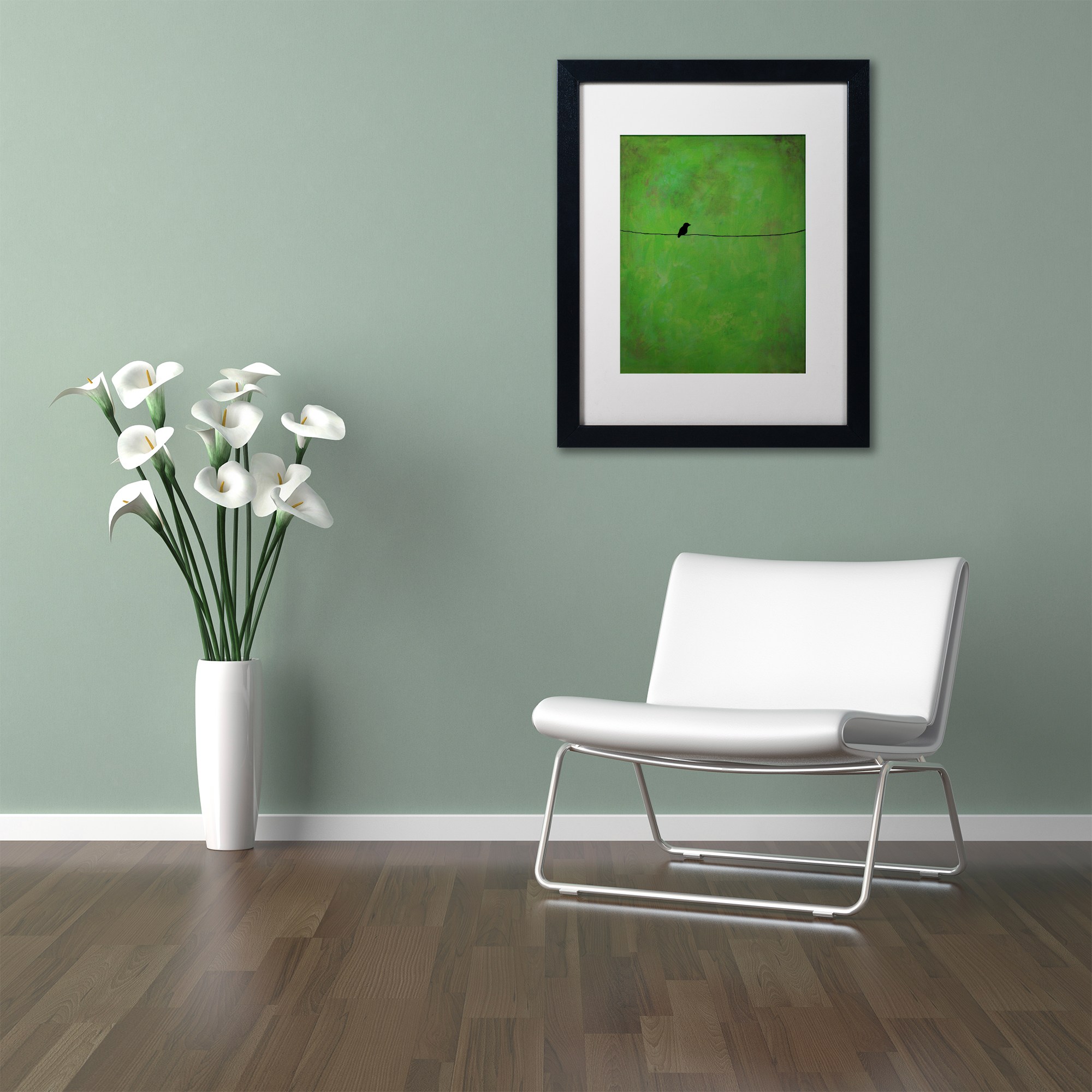 Trademark Fine Art "Lone Bird Green" Canvas Art by Nicole Dietz White Matte, Black Frame