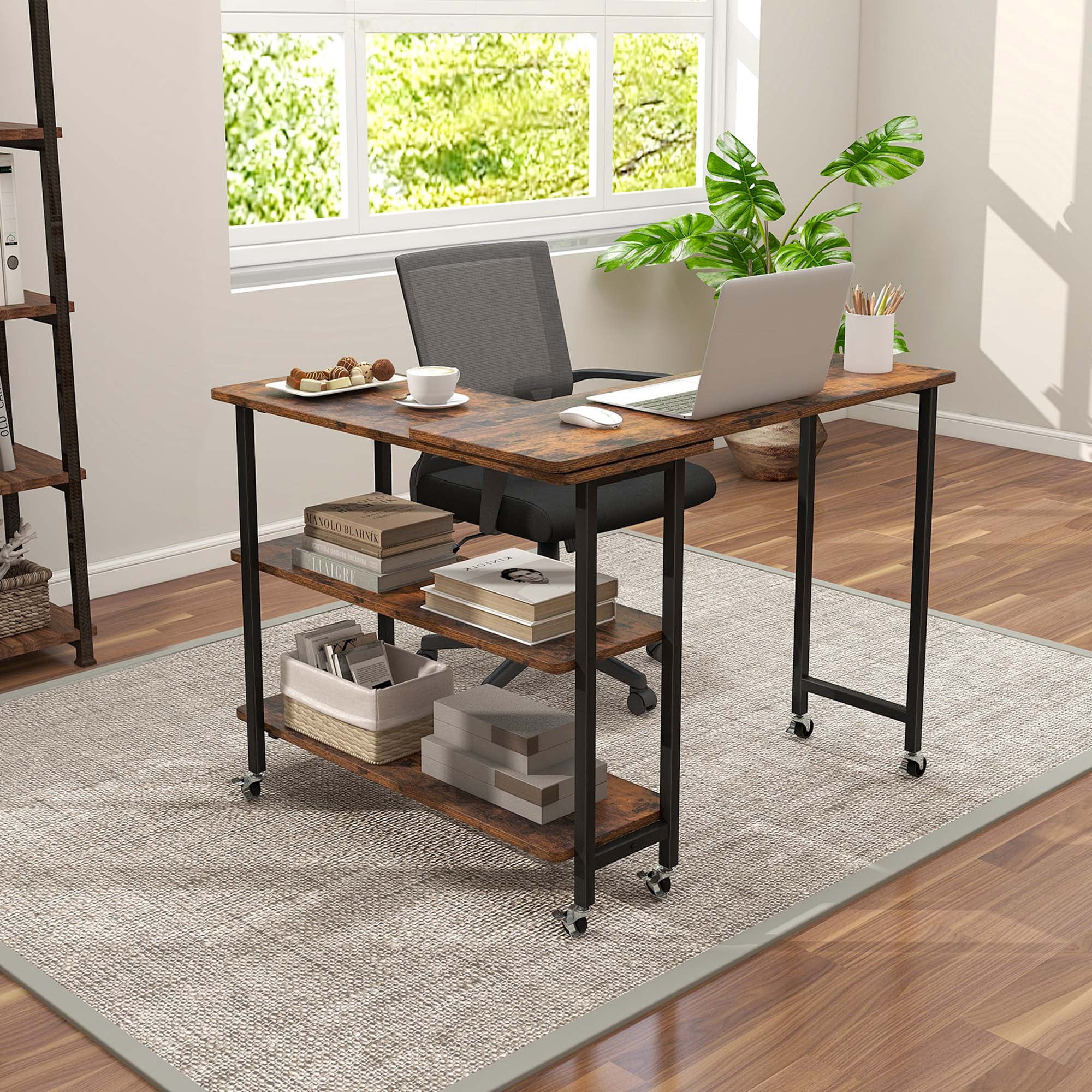 Costway 360° Rotatable Sofa Side Table L-shaped Laptop Desk Snack Table with 2-Tier Shelf Patented Rustic Brown