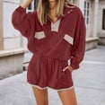 thumbnail image 3 of Short Sets for Women Loose Fit Long Sleeve Color Block Stand Collar Shirt and Shorts 2 Piece Matching Set Streetwear, 3 of 6