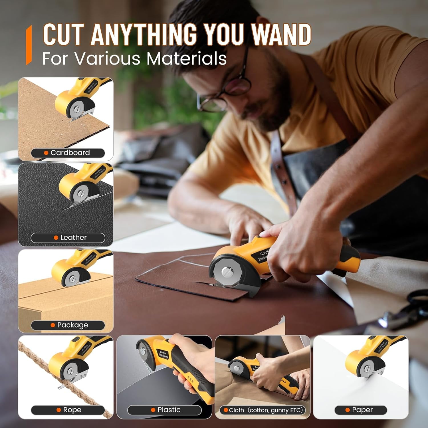 Cordless Electric Scissors 4V, Cordless Electric Scissors, Electric Box Cutter with Safety Lock & LED Light, of Fabric, Leather, Carpet, Plastic