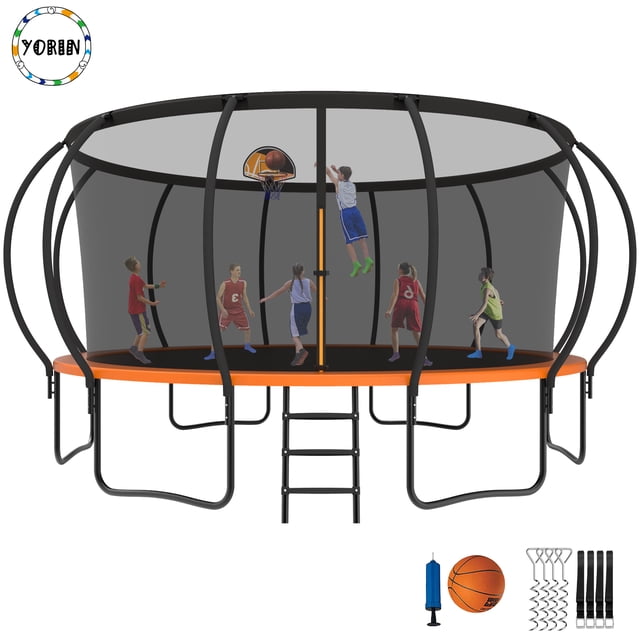 YORIN Trampoline pour 10 Enfants, Trampoline de 16 Pi pour Adultes avec Filet de Protection, Panier de Basketball, Échelle, Capacité de Poids de 1500 Lb, Trampoline Récréatif Extérieur, Trampoline Robuste