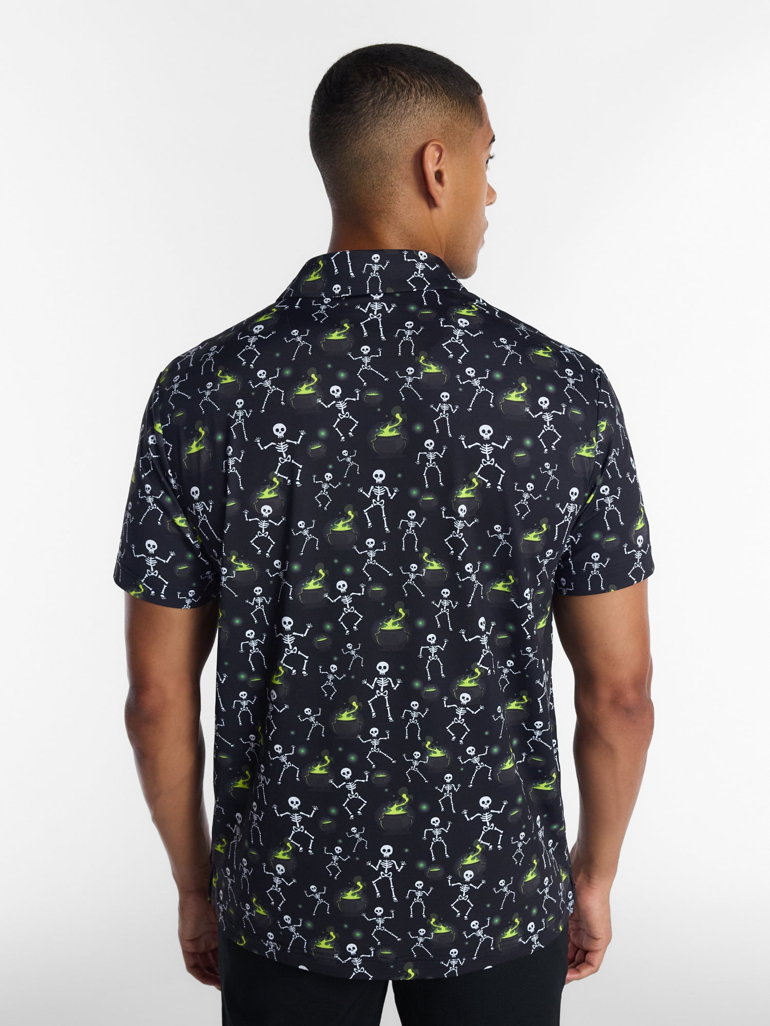 Birdie Bound Halloween Spooky Skeleton Print Golf Polo Shirt, Men's Sizes S-4XLT