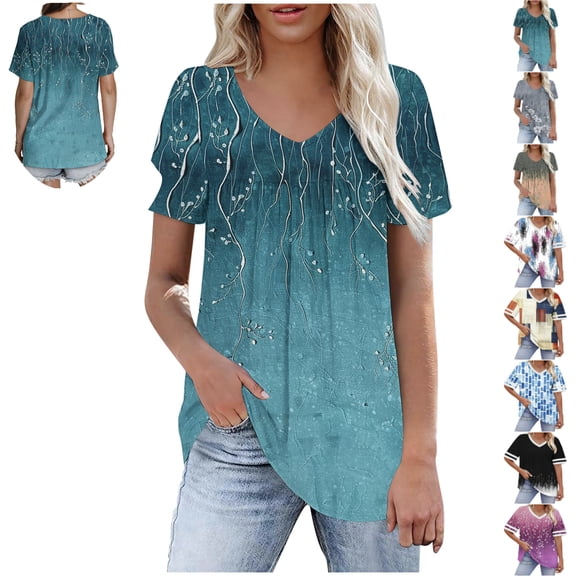 STETMN Womens Short Sleeve Tunic Tops Flowy Pleated V Neck Blouses Summer Casual Cute Loose Shgirts
