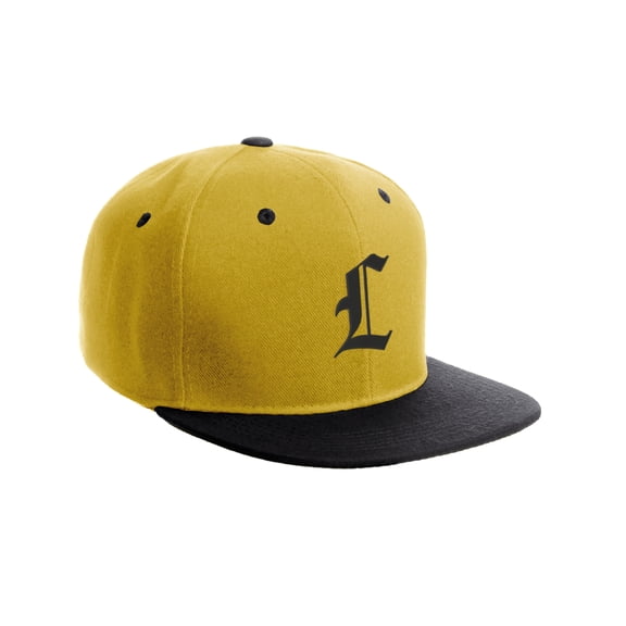 Daxton Classic Snapback Hat Old English Font Alphabet A to Z Flat Bill Visor Cap, Gold Black Hat, Black L