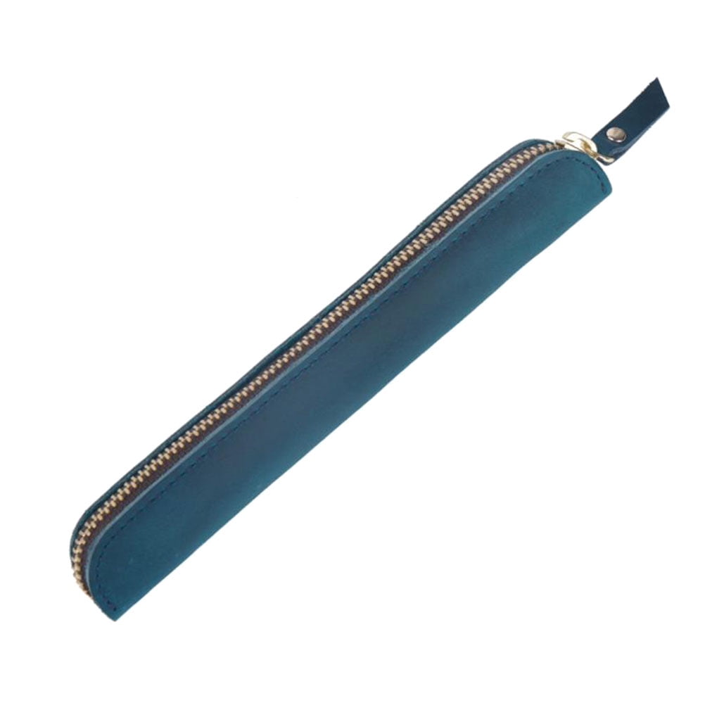 Genuine Leather Zipper Pen Pouch Holder Pencil Bag Pen Case for Rollerball Fountain Ballpoint Pen (Blue)
