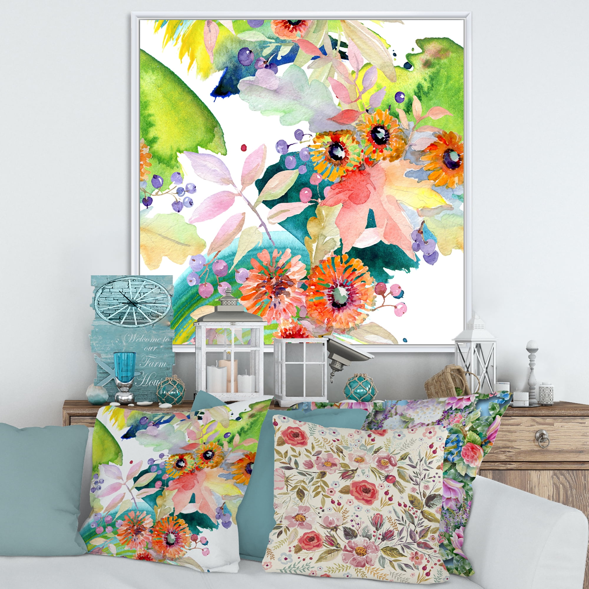 Designart 'Vital Wild Spring Leaves and Wildflowers III' Modern Framed Canvas Wall Art Print