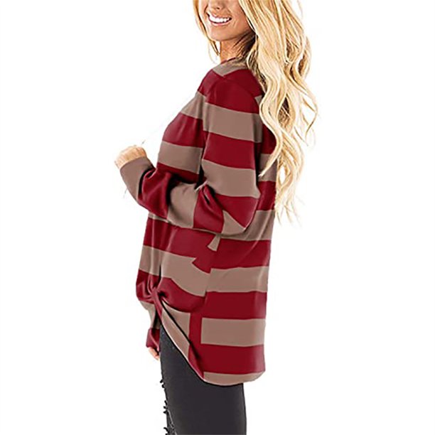 Sonducket Camiseta de mujer Camiseta suelta de manga larga Blusa larga Top de cuello en V de otoño Prendas para la parte del cuerpo Raya roja XXL Sonducket AP003132-10