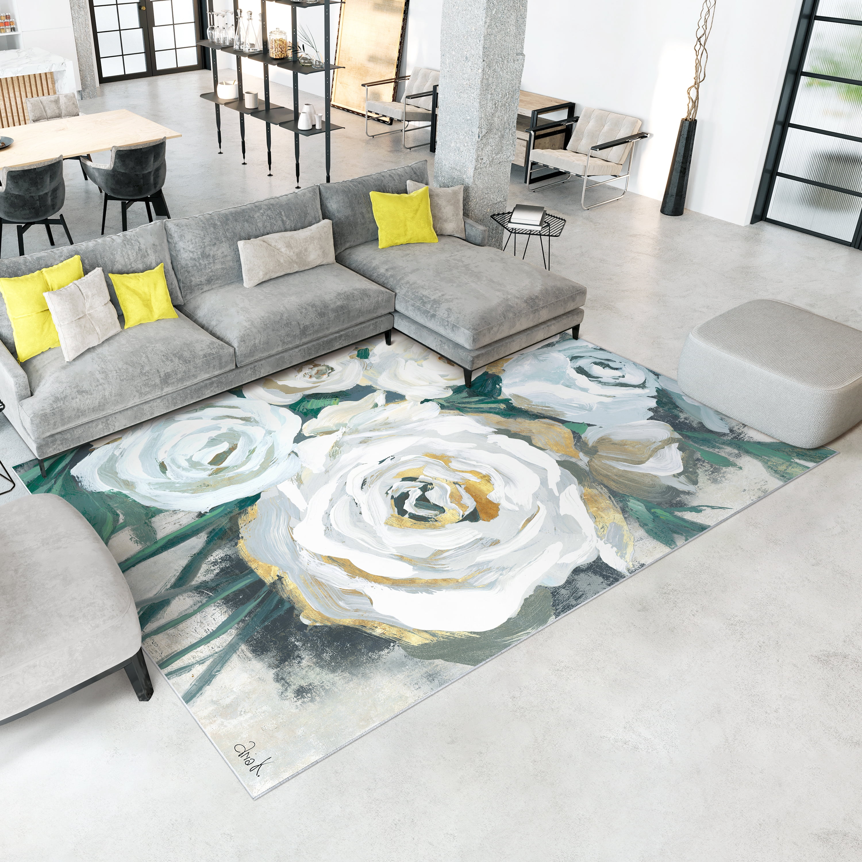 White Bouquet of Florals II Washable Art Area Rug size 8'x10', Power-loomed, Heavenly Softness with Non-Slipping Backing