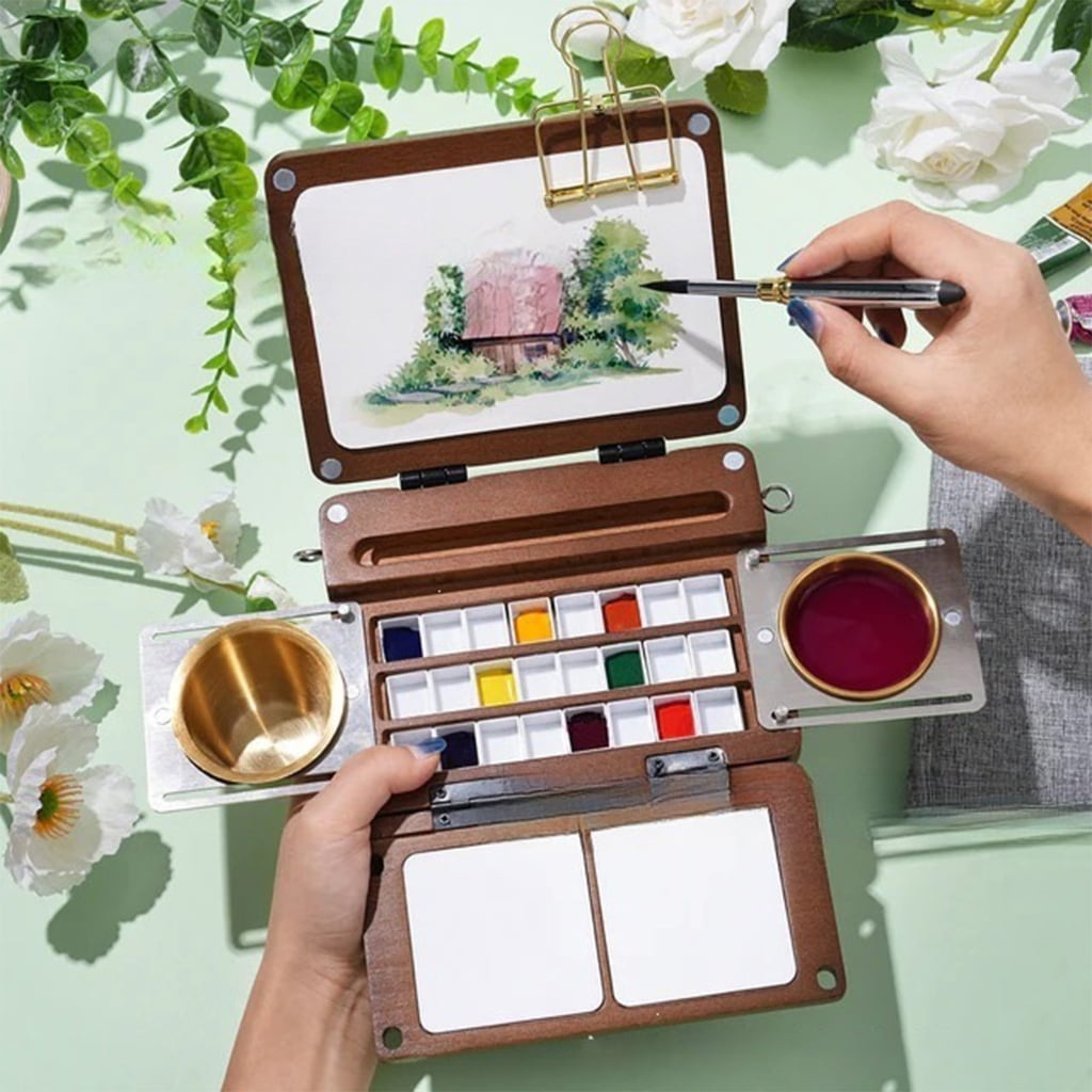 Miiottaa 24 Wells Folding Wooden Watercolor Paint Palette Box For Artist Travel Painting
