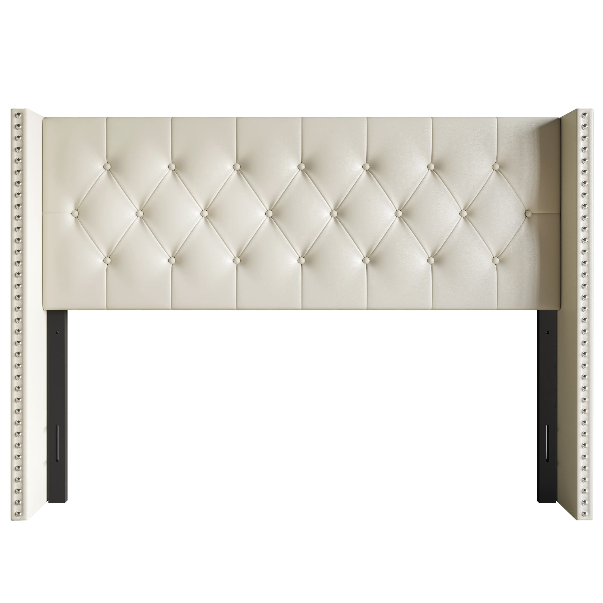 Home Design Sonoma Queen Tufted Upholstered Headboard with Wingback Design and Nailhead Trim, Cream, Easy Assembly