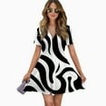 thumbnail image 2 of Black White Abstract Swirling Pattern Women Dress V-Neck Short Sleeve Flowy Swing Party Midi Dress, 2 of 4