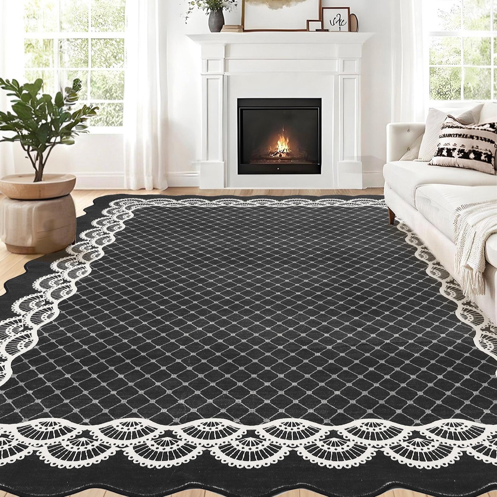Hasoo Washable Living Room Area Rug 5x7 Modern Scalloped Border Non-Slip Soft Low Pile Indoor Black Carpet