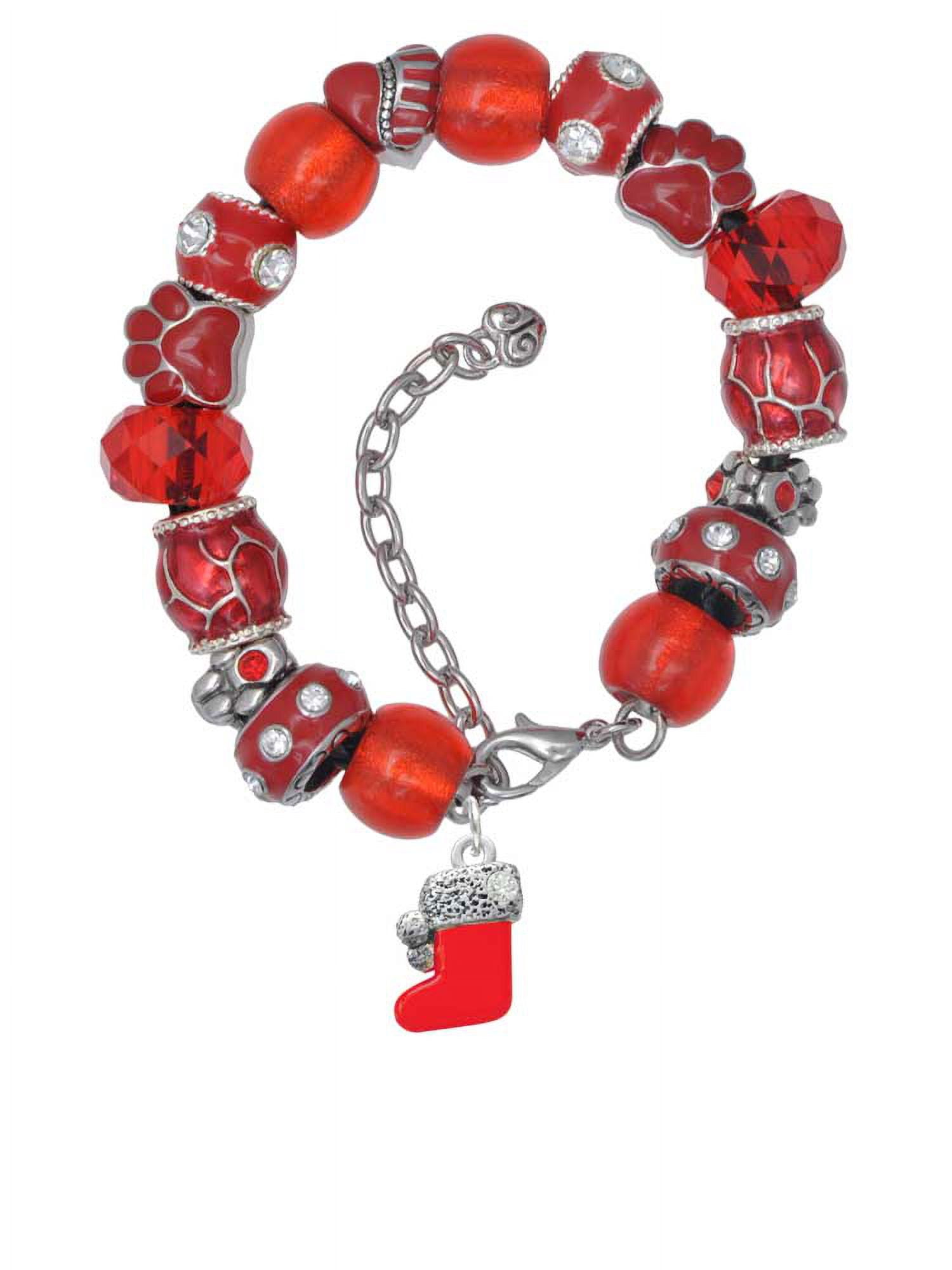 Delight Jewelry Silvertone 3-D Red Christmas Stocking Red Paw Print Bead Bracelet, 7"+2"