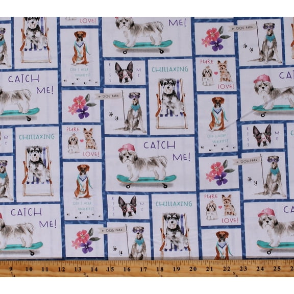 Cotton Dogs Flowers Floral Dog Bones Paw Prints Boxes Squares Dog's Life White Cotton Fabric Print by the Yard (3WI18035-WHT-CTN-D)