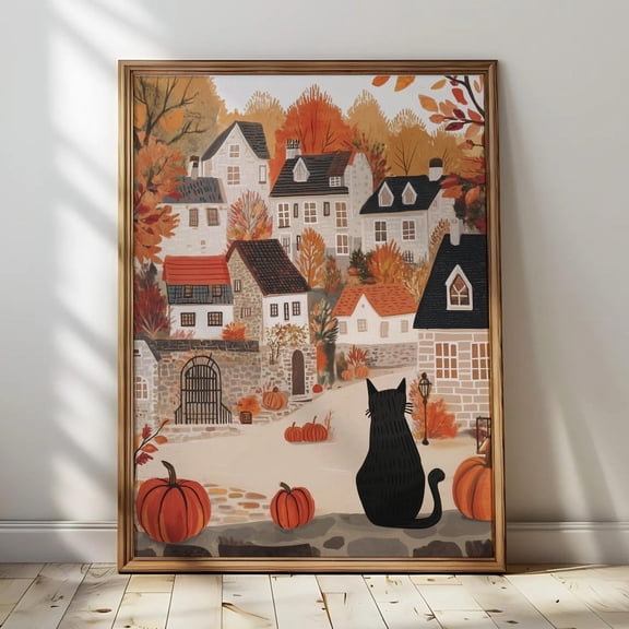Fall Town Black Cat Autumn Farmhouse Decor Wall Art Unframed Paper Print