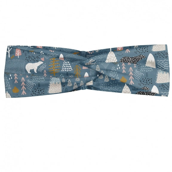 Forest Headband, Pattern with Bunny Polar Bear Forest Elements and Hand Drawn Shapes Hipster Art, Elastic and Soft Women's Bandana for Sports and Everyday Use, White Blue, by Ambesonne