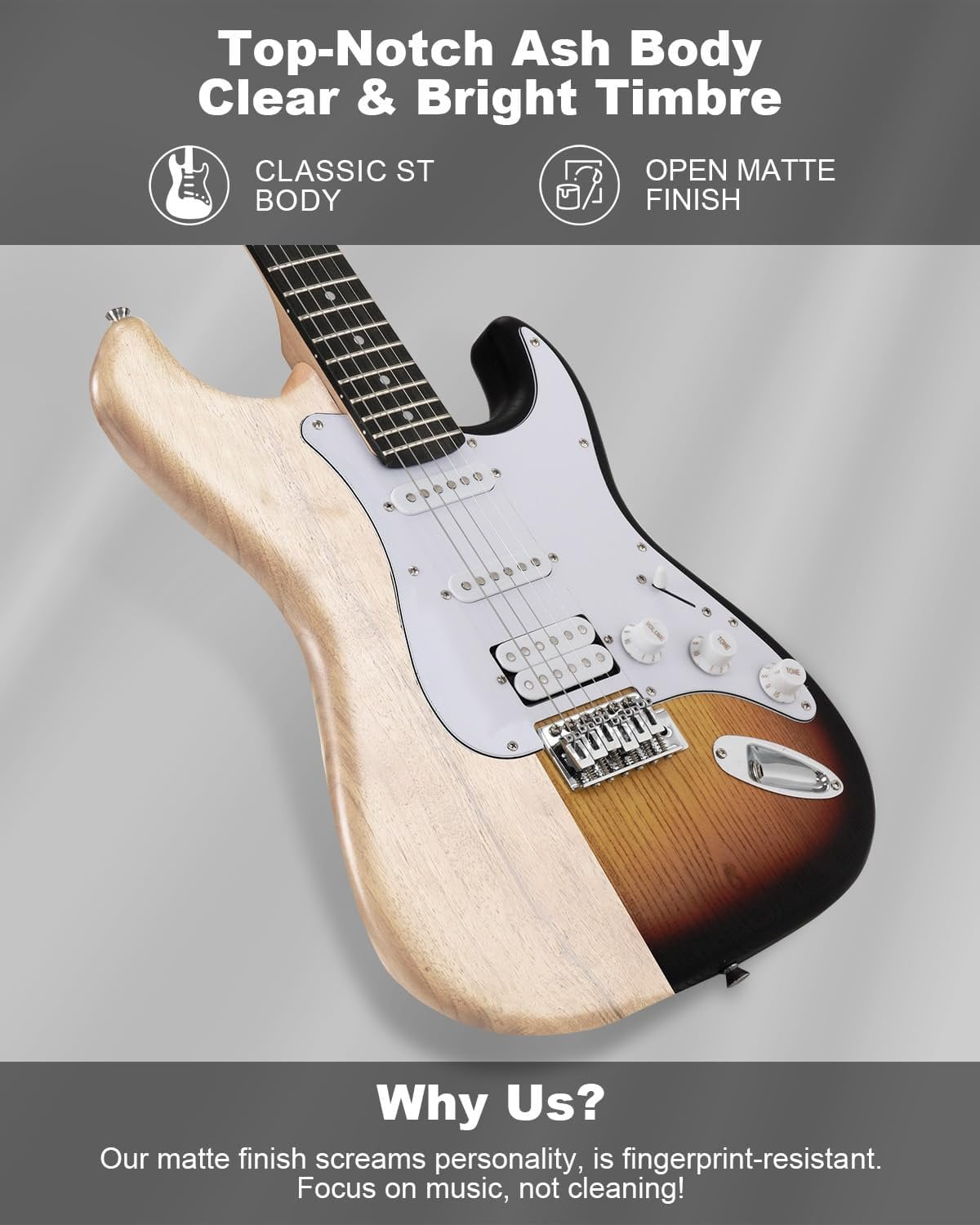 RST-150 39"Beginner Electric Guitar Kit with Amplifier, Classic HSS Pickup, Electric Guitar with Gig Bag, Capo, Strap, Extra Strings, Digital Tuner, 3 Picks, Cleaning Cloths (3-Sunburst)