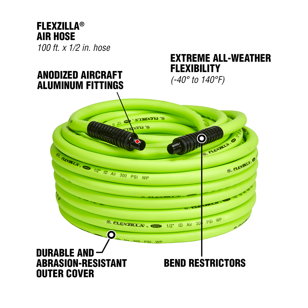 Flexzilla® Air Hose, 1/2" x 100', 3/8" MNPT Fittings, ZillaGreen®