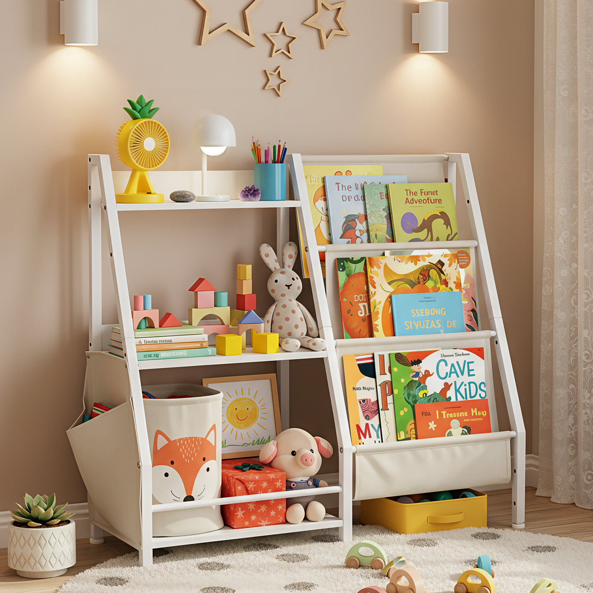 MAYEERTY 3 Tier Kids Bookcases with Pocket, Kids Wooden Bookshelf with Toy Storage Multi-Function Organizer for Kids Room Playroom Nursery Classroom, White