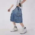 thumbnail image 4 of CAIXIA Boys Baggy Jeans Shorts Wide Leg Straight Wide Leg Embroidered Denim Shorts Knee Length Baggy Elastic Waist Jorts Classic Trendy School Bermuda Shorts Streetwear Preppy Clothes with Pockets, 4 of 6