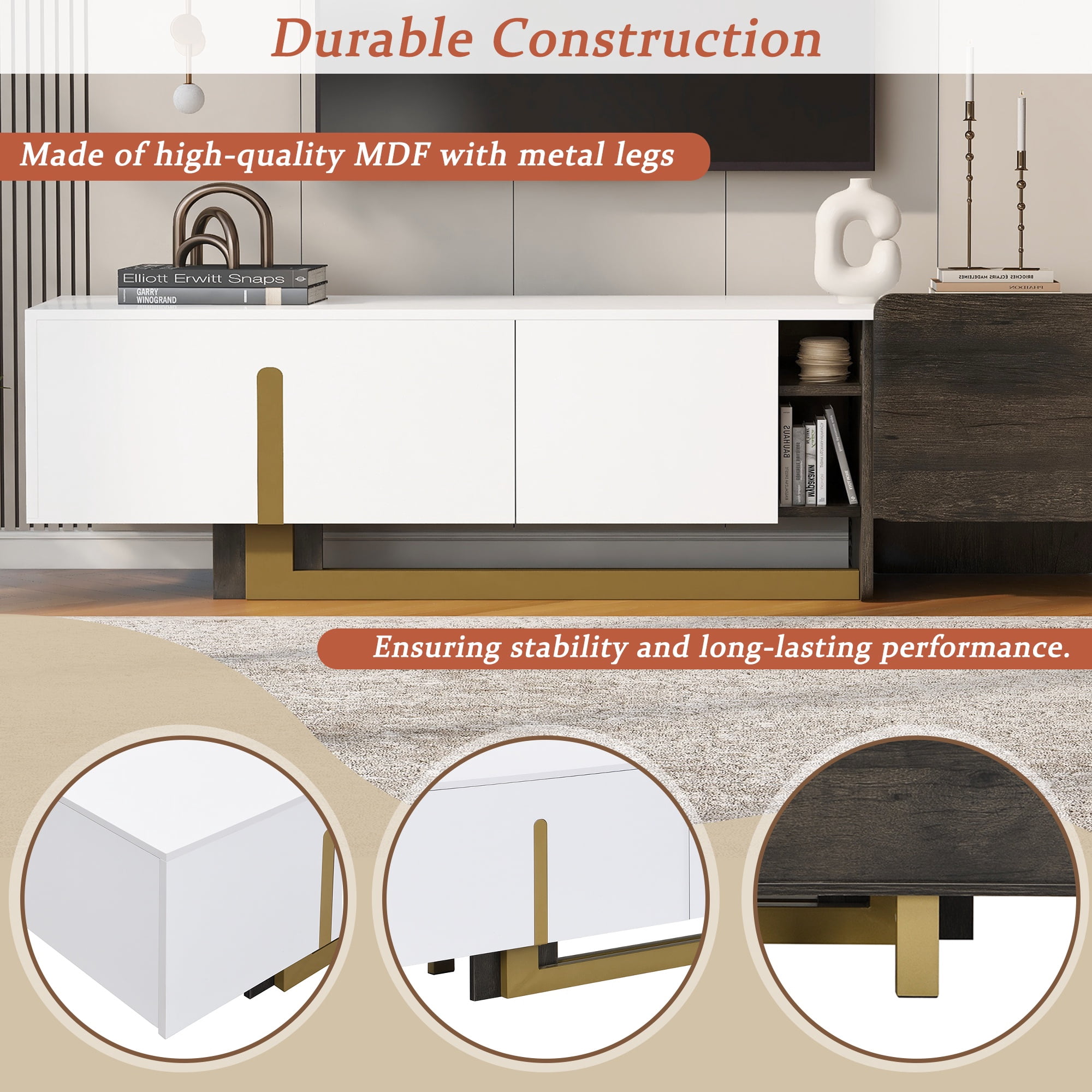 PAPROOS TV Stand for 70 inch tv, TV Cabinet with Drawer & Door, Living Room Media Console Table with Open Shelves, Entertainment Center Television Stand for Living Room, Bedroom, White & Brown