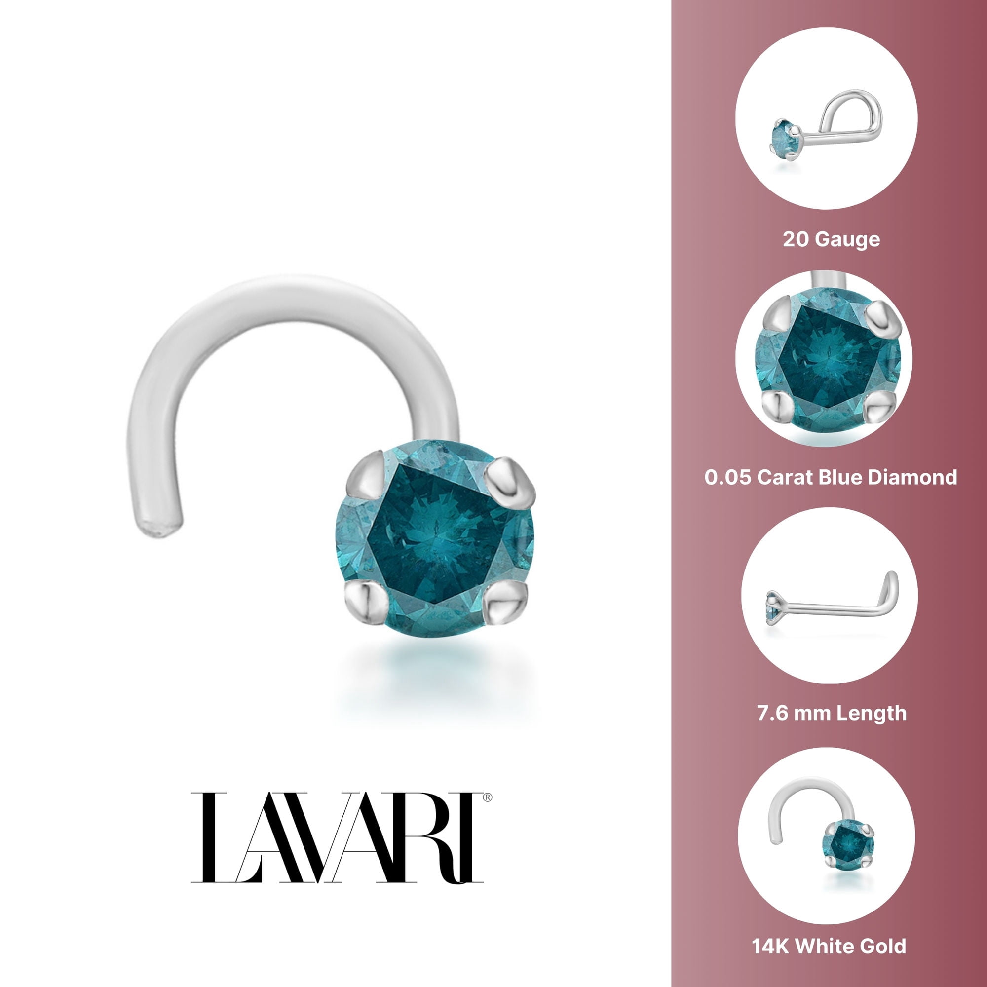20 Gauge 14K White Gold Curved 0.05 Carat Blue Diamond Nose Screw