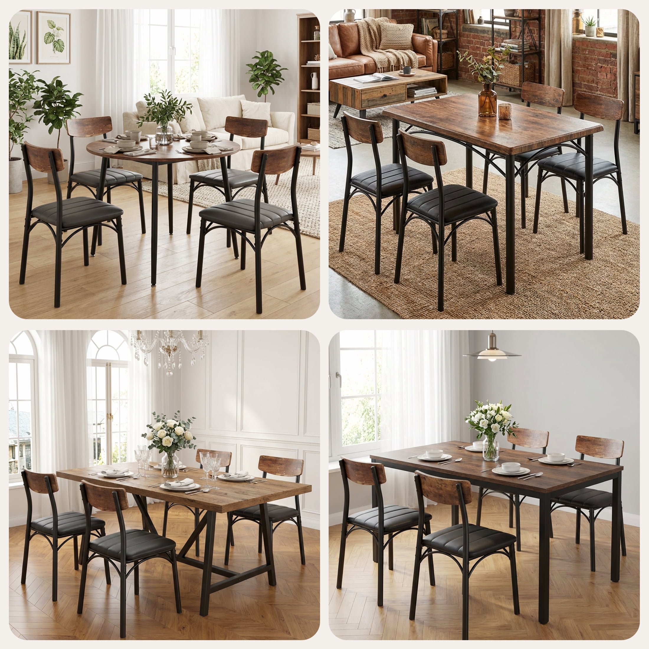 Dining Chair Set of 4, PU Leather Dining Room Chairs, Rustic Kitchen Armless Side Chair with Iron Legs, Black&Brown
