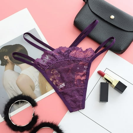 Pavied Thongs for Women Seamless Underwear Womens Seamless Lace Jacquard Thong Low Waist Thin Strap Underwear T String See Through Lingerie Lace Underwear Purple One Size