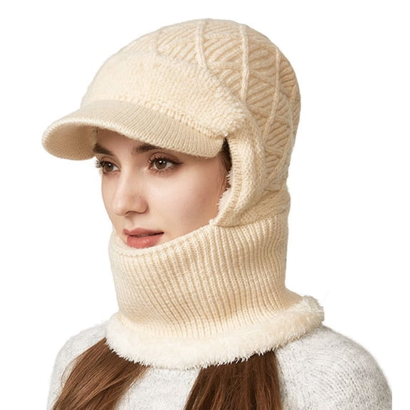 Women's 3-in-1 Winter Trapper Hat with Integrated Scarf, Thermal Ear Flap Beanie, Windproof Face Mask Cap, Cold Weather Knit Hat, Unisex Outdoor Winter Gear - Beige