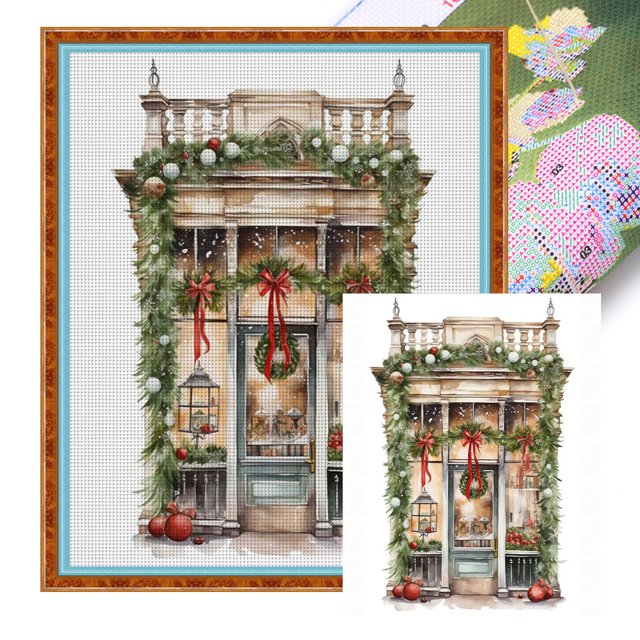 Hilo Algodón Bordado Punto Cruz Impreso 11CT Casa Navidad 50x60cm