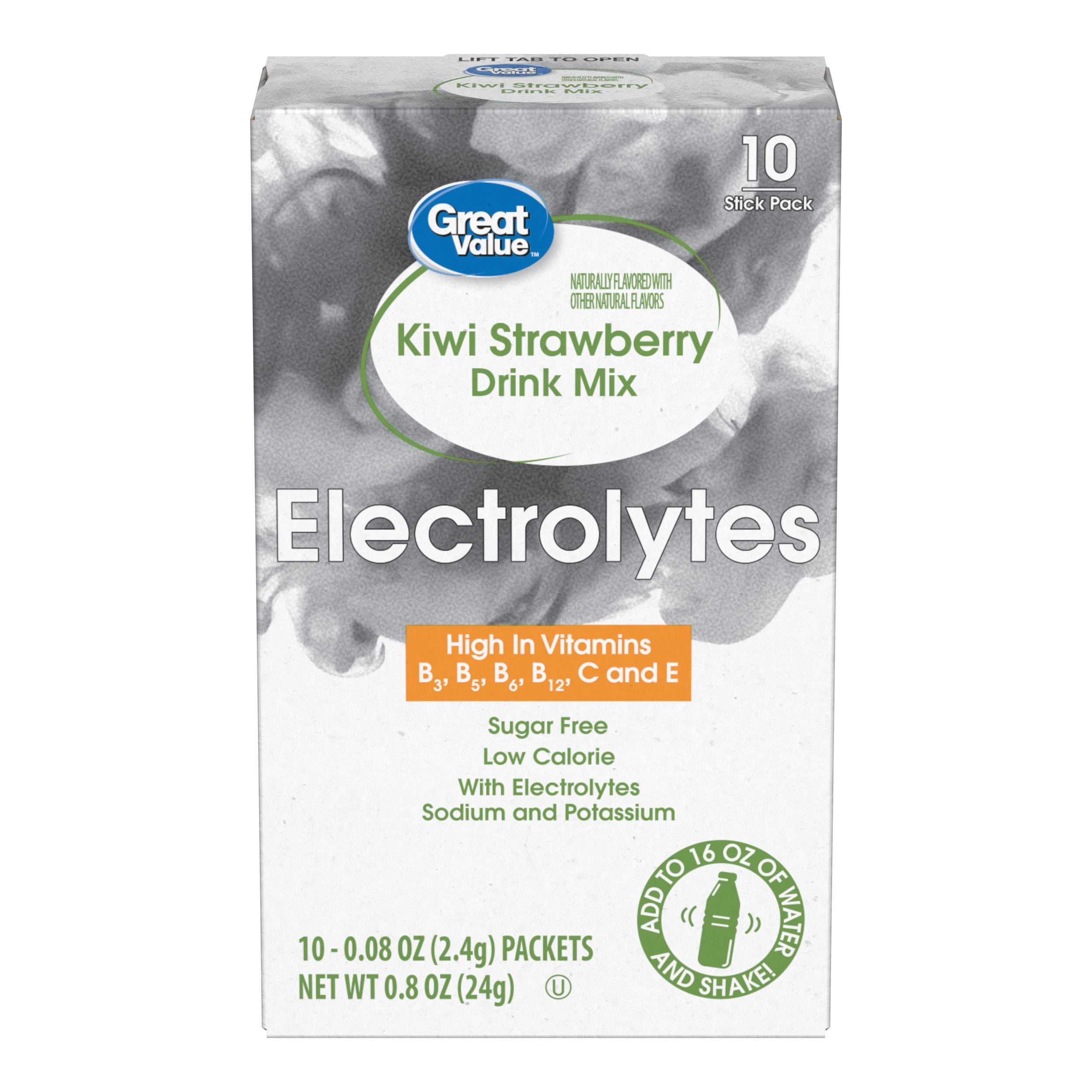 Great Value Electrolyte Vitamin Enhanced Strawberry Kiwi Drink Mix, 0.08 oz, 10 Count