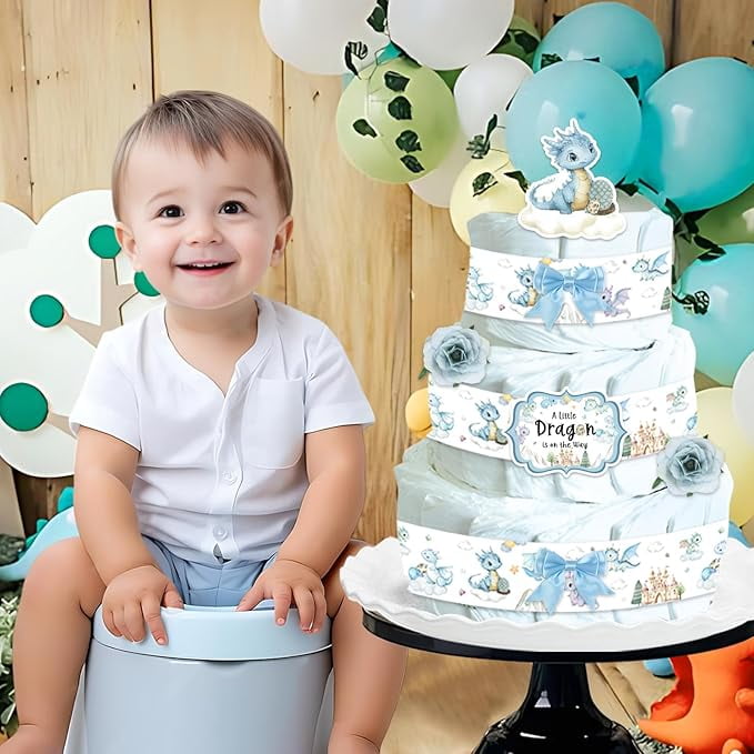 Dragon Theme Baby Shower Diaper Cake Decorations, Hatching Soon Baby Shower Cards Grosgrain Ribbon Dragon Printed, Blue Bows Artificial Camellia Flowers for Party Decor