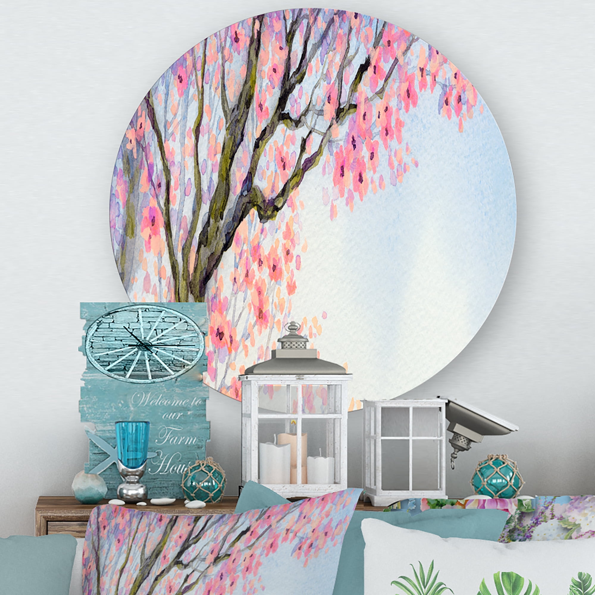 Designart 'Beautiful Pink Bird Sitting On Flowering Branch' Traditional Circle Metal Wall Art 23x23 - Disc of 23