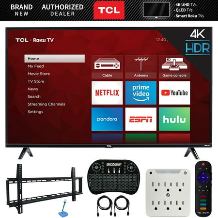 TCL 55S425 55-inch 4-series 4K Ultra HD Roku Smart TV (2019 Model) Bundle with 37-70-inch Low Profile Wall Mount Kit, Deco Gear Wireless Keyboard and 6-Outlet Surge Adapter with Night (Best Usb Wifi Adapter 2019)