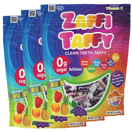 ZOLLIPOPS Sugar Free Candy, Zaffi Taffy Chewy Candies, Keto, with Natural Fruit Flavor, 3 oz, 3 pack