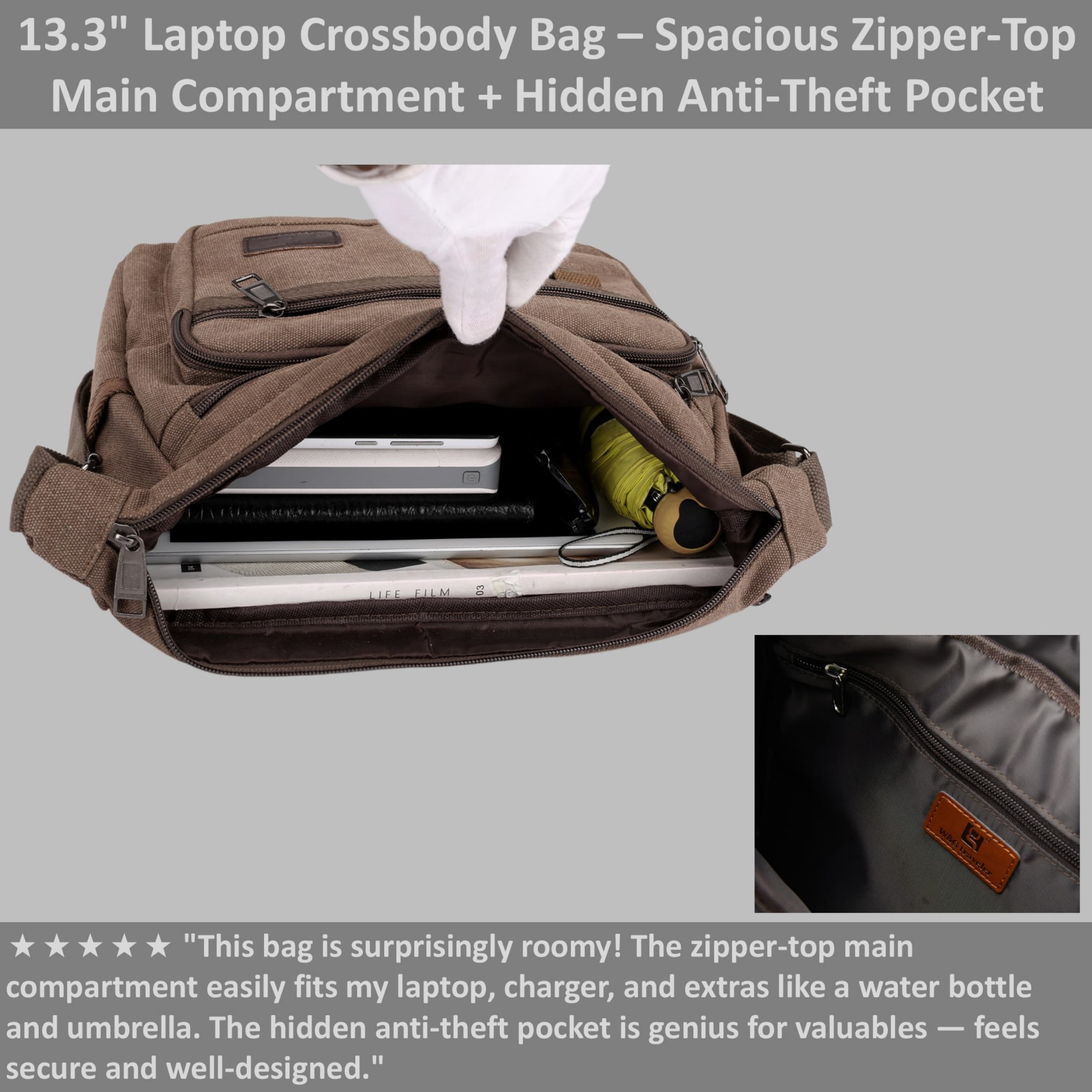 Crossbody Messenger Bag for iPad Pro 12.9 inches, Rfid Shoulder Purse w/Water Bottle Holders, 13 inch Laptop Briefcase, Built-in Wallet With AirTag Case Brown