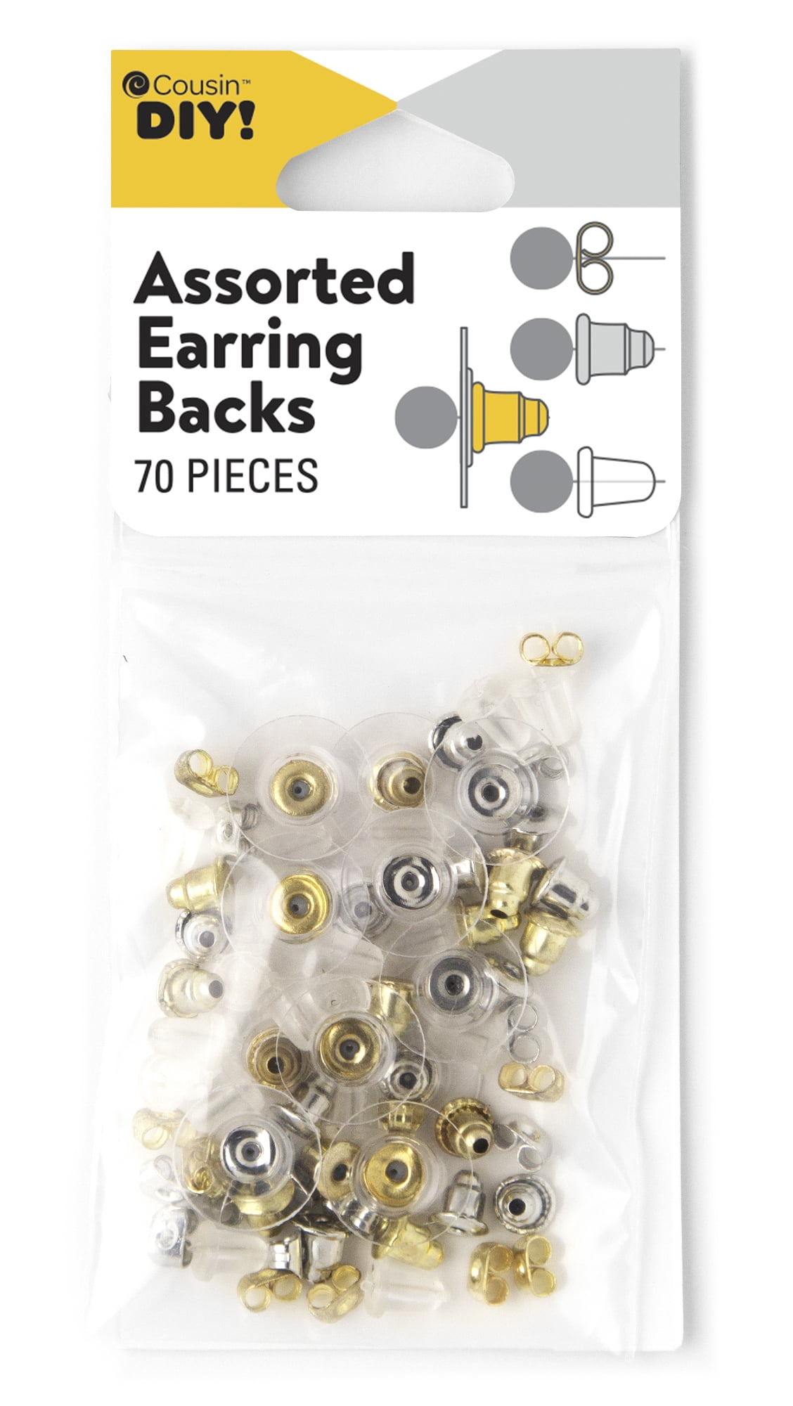 Cousin DIY Earring Back Assortment Pack, 70 Piece, Gold, Silver and Clear, 0.02 lb