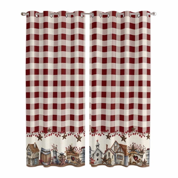 Farmhouse Kitchen Curtains 84 Inch Length, American Country Star Barn Red Brown Plaid Berry Grommet Top Bedroom Living Room Curtains, Light Filtering Cafe Curtain Drapes 2 Panels Set 84''x84''
