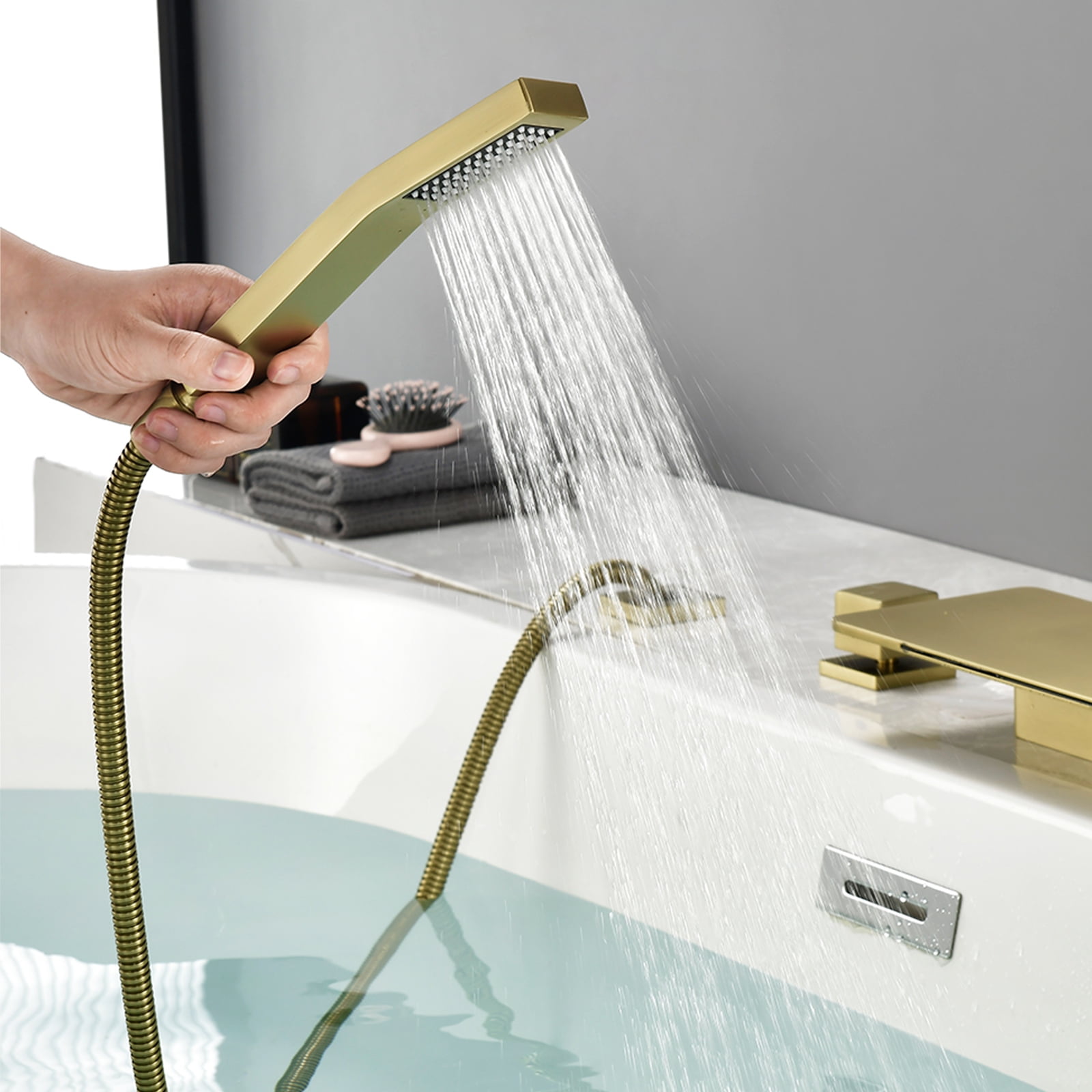Cobbe Bathroom Bathtub Faucet Set Single Handle with 11.02-Inch Wide Bathtub Spout and Handheld Shower 4-Hole Deck Mount Tub Faucet Brushed Gold