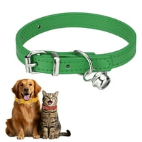 Dog Collar with Bell, Pu Leather Cat Collars Pet Basic Soft Padded Adjustable Buckle, 10" (Green, 1 Pcs)